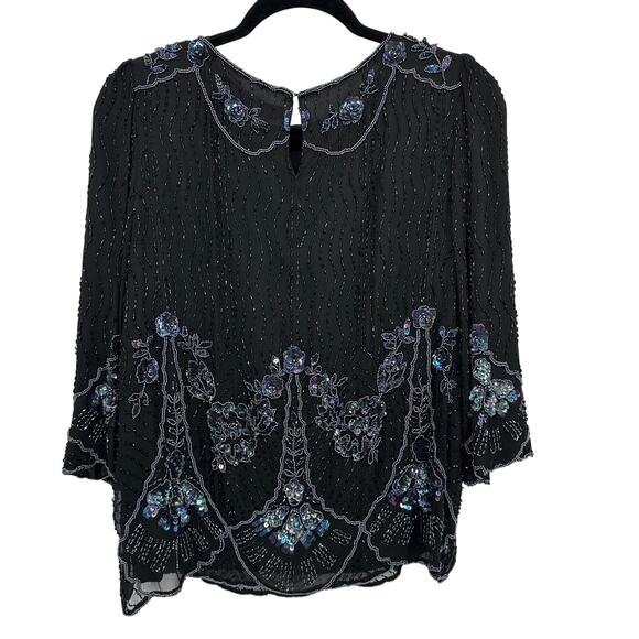 Vintage Oleg Cassini Silk Beaded Sequin Top Skirt Set Black 10 Gatsby Flapper - Picture 3 of 16